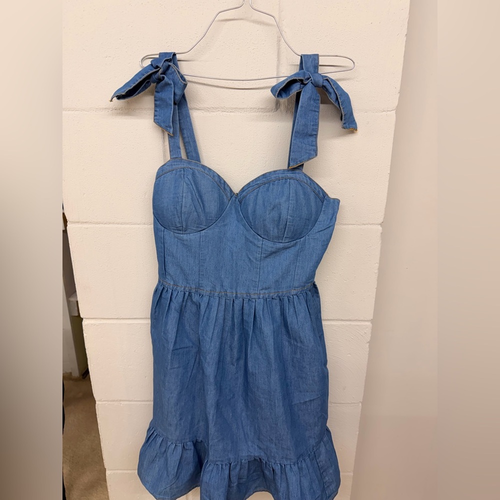 Denim Mini Dress with Tie Straps - Blue